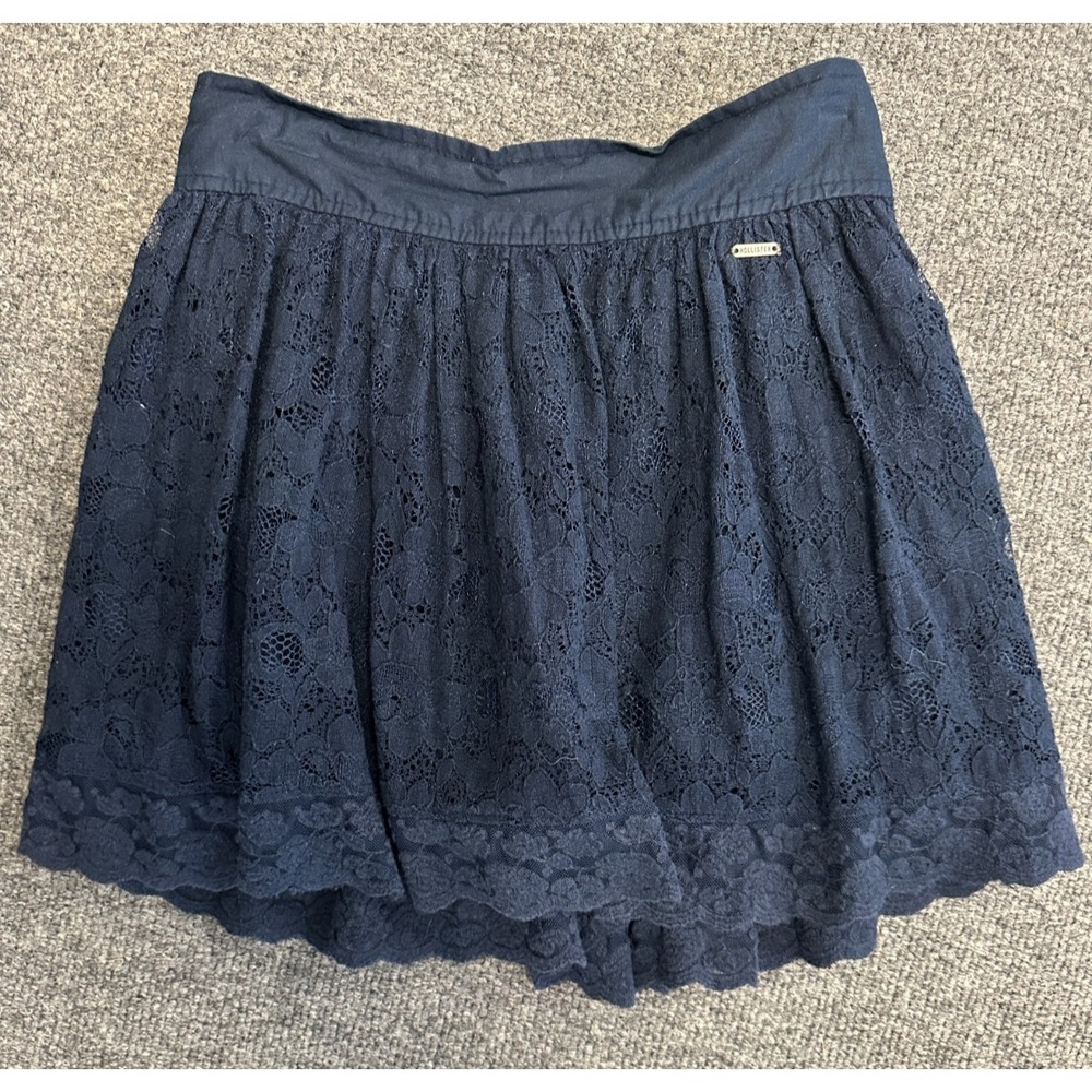 Vintage Y2K Hollister Skirt Womens XS Floral Lace Skater Mini Elastic Lined Navy